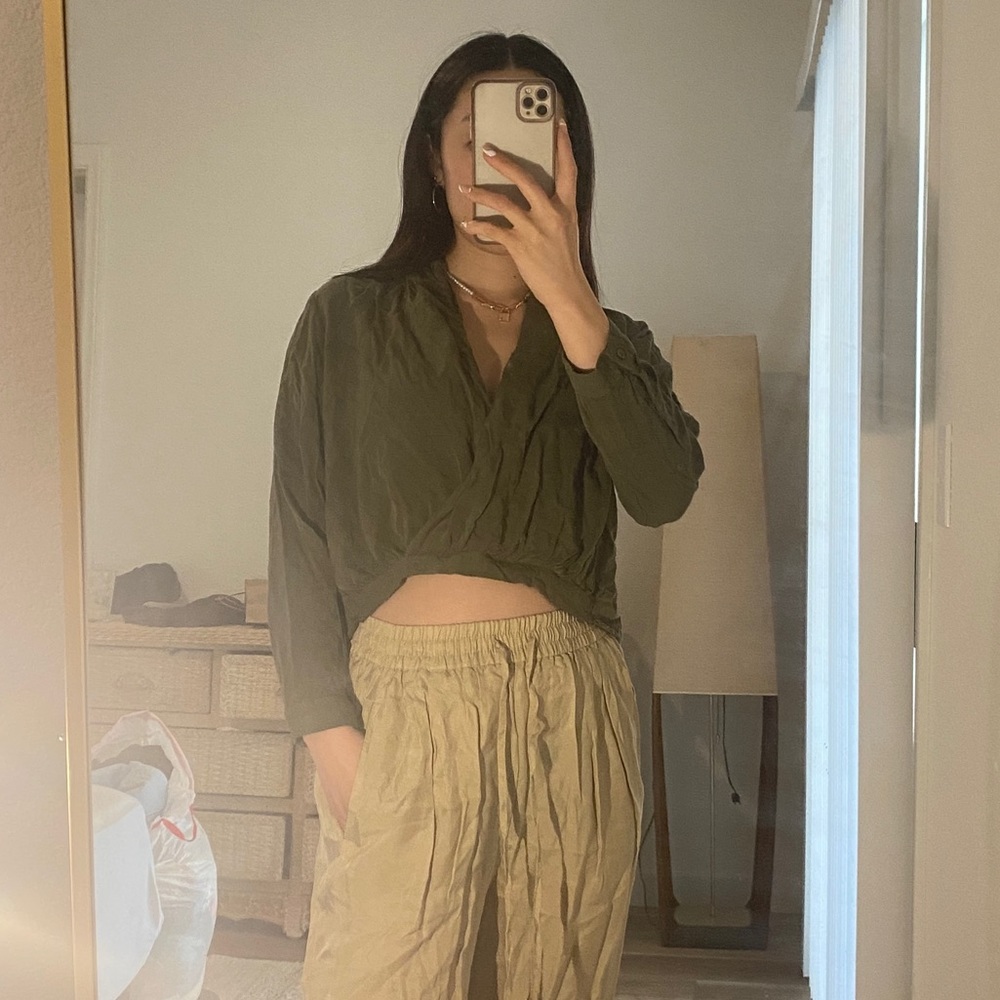 Akira Olive Long Sleeve Wrap Top